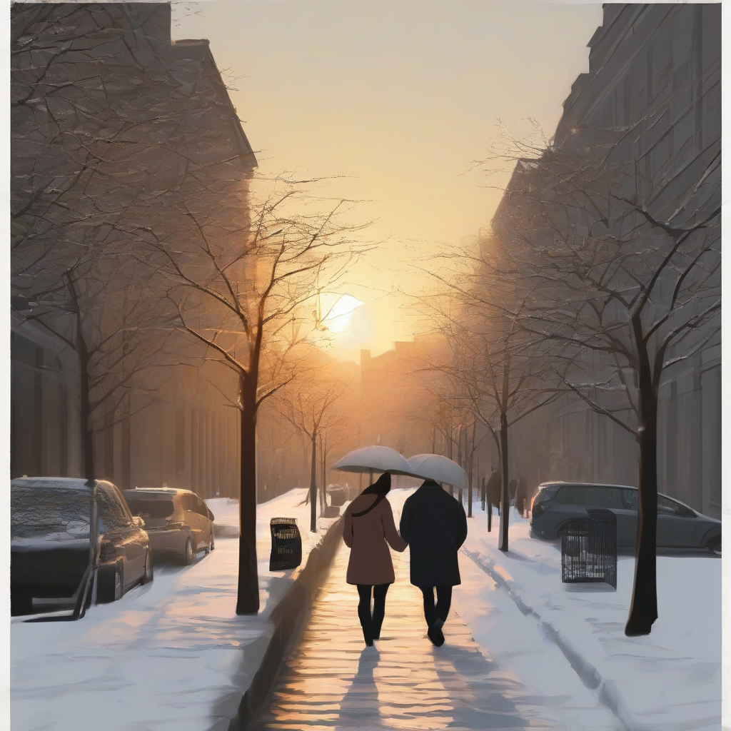 sunset winter season couple walking city by 免费AI图像生成工具 | AIGAZOU