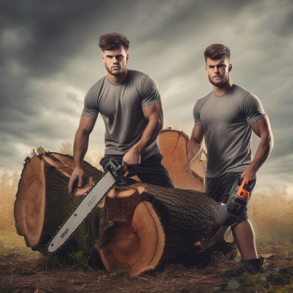 two athletic young men cut huge trunk with chainsaw by 免费AI图像生成工具 | AIGAZOU