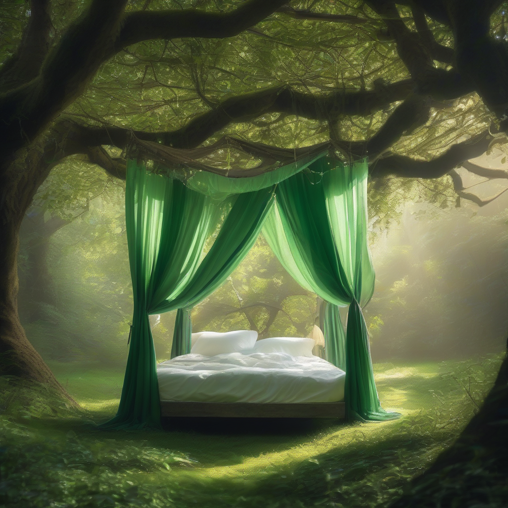 a heavenly bed with green silk curtains surrounded by trees by मुफ्त एआई छवि जनरेटर - बिना लॉगिन के✨ | AIGAZOU