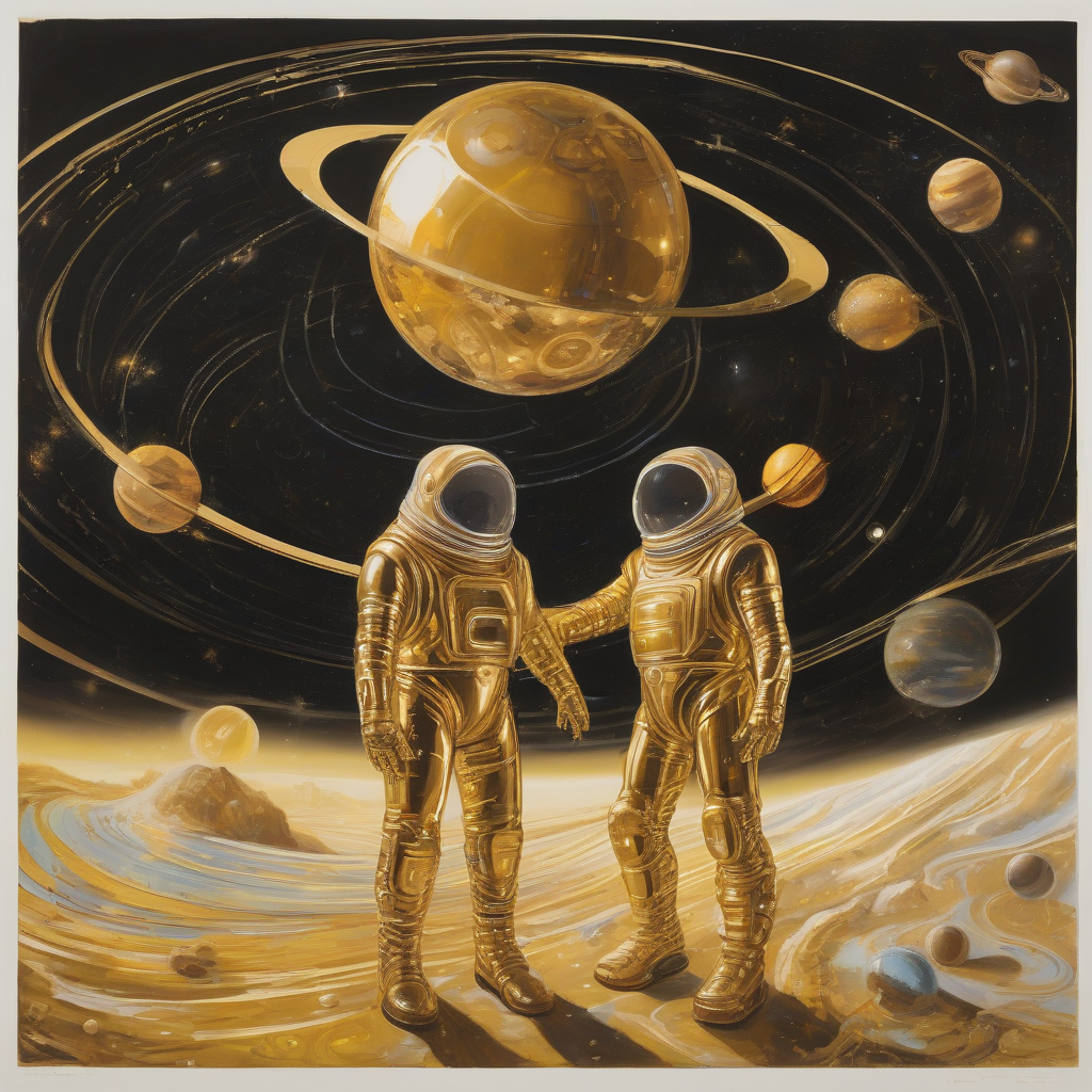 golden space suits two figures fantasy future by Générateur d'images par IA gratuit - Aucune connexion nécessaire✨ | AIGAZOU