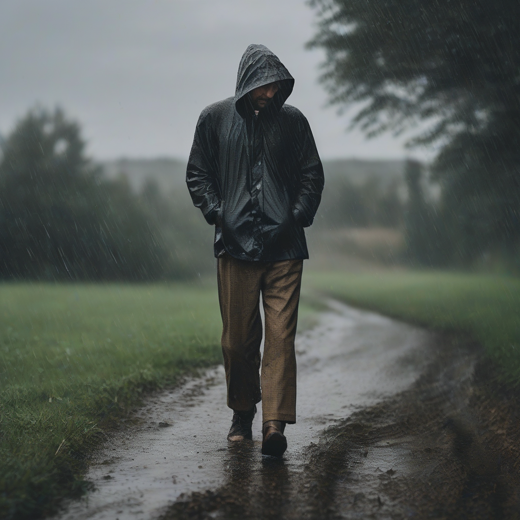 a man in the countryside under the rain by मुफ्त एआई छवि जनरेटर - बिना लॉगिन के✨ | AIGAZOU