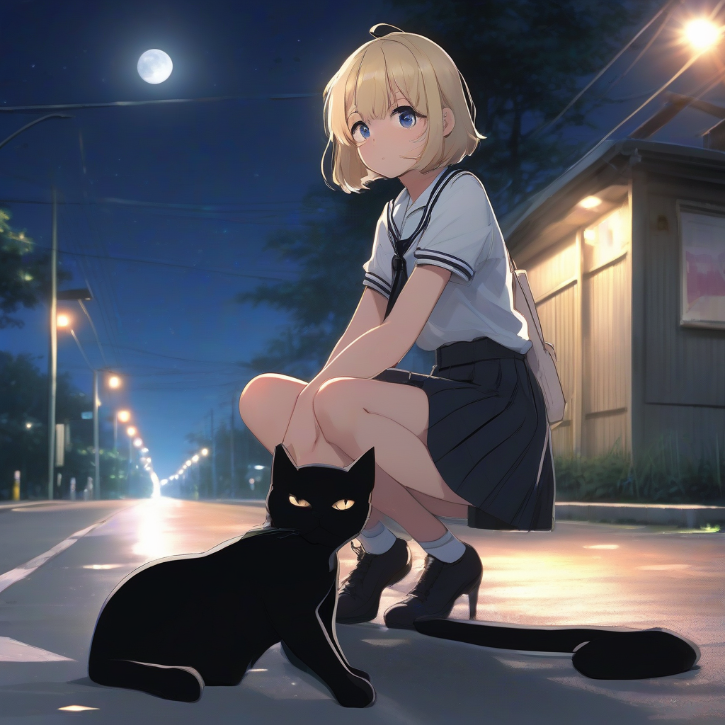 beautiful schoolgirl black cat shy flushed cheeks crouching looking back short hair blonde black eyes slim heartwarming scene outside road by मुफ्त एआई छवि जनरेटर - बिना लॉगिन के✨ | AIGAZOU