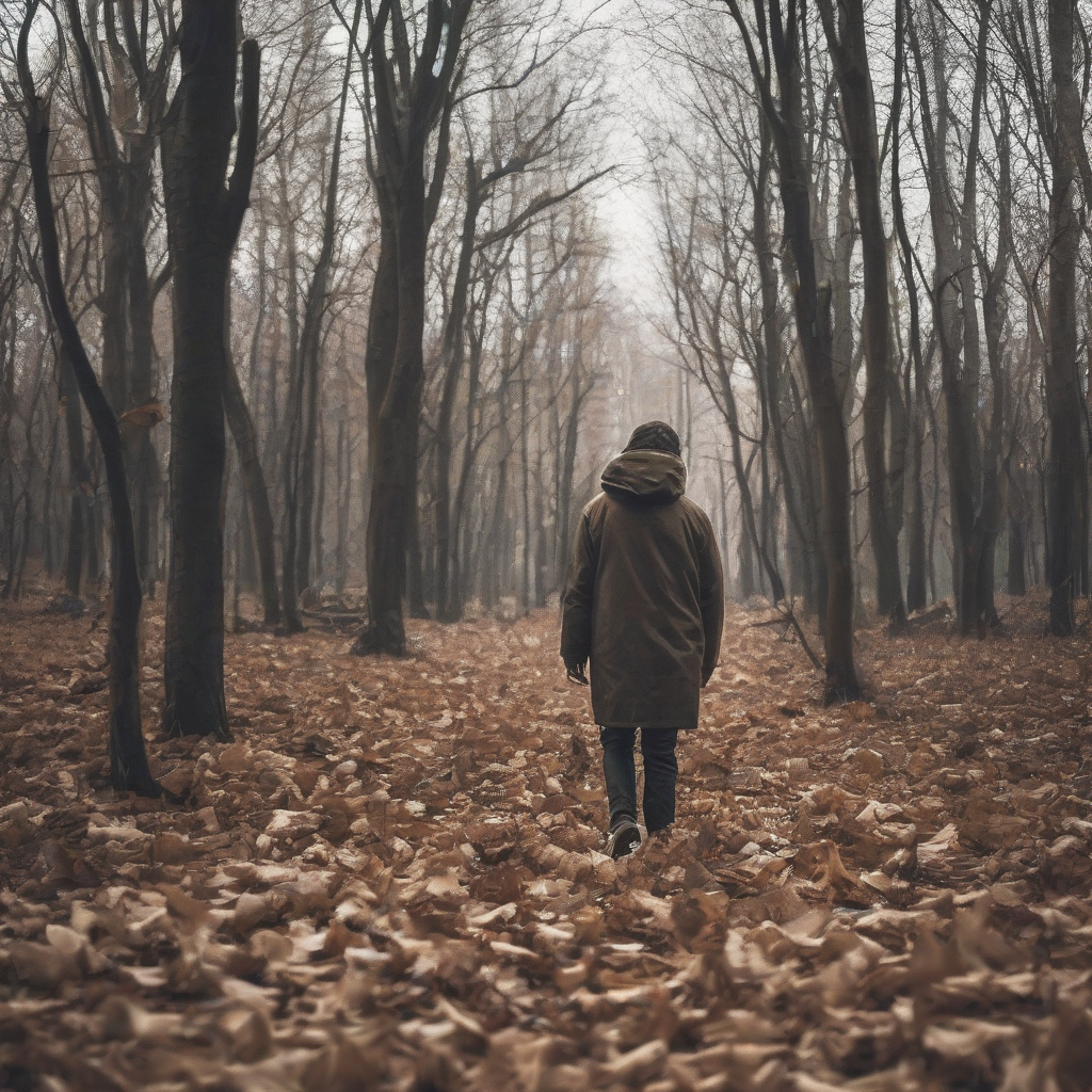 man walking in forest on fallen leaves making sound by मुफ्त एआई छवि जनरेटर - बिना लॉगिन के✨ | AIGAZOU