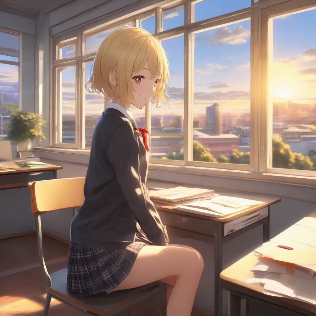 exquisite schoolgirl happy grinning wink looking back short hair blonde black eyes slim enjoyable scene in the school with a by Générateur d'images par IA gratuit - Aucune connexion nécessaire✨ | AIGAZOU