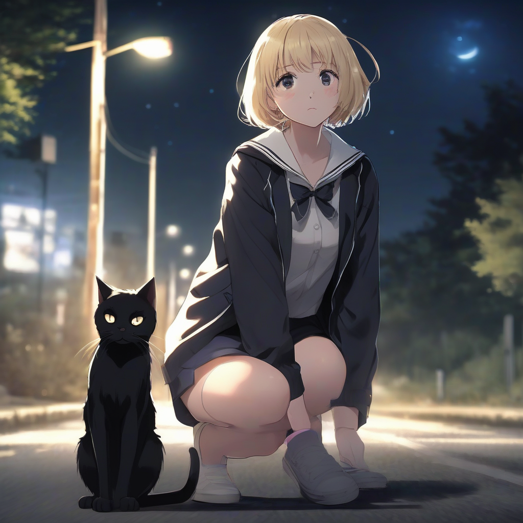 beautiful schoolgirl black cat shy flushed cheeks crouching looking back short hair blonde black eyes slim heartwarming scene outside road by मुफ्त एआई छवि जनरेटर - बिना लॉगिन के✨ | AIGAZOU