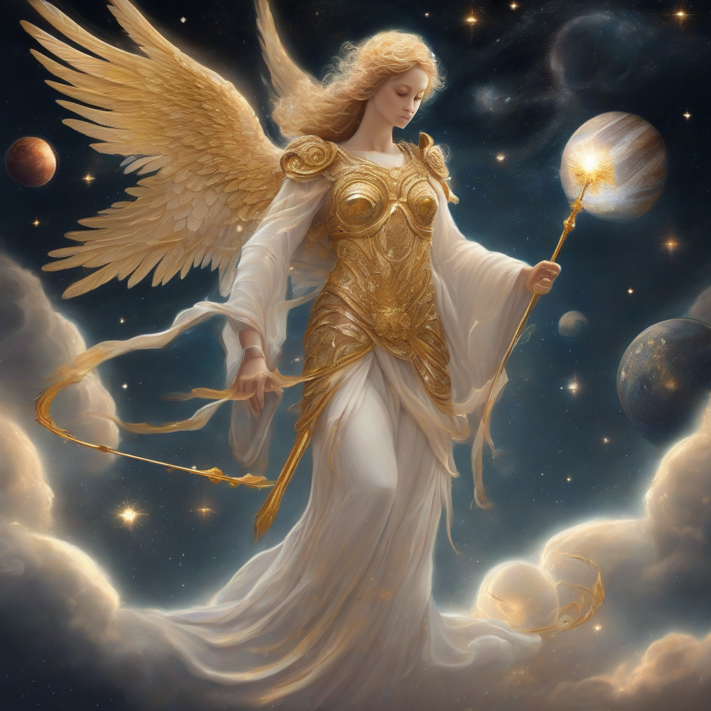 golden winged angel with luxurious outfit and wand against cosmic background by Générateur d'images par IA gratuit - Aucune connexion nécessaire✨ | AIGAZOU