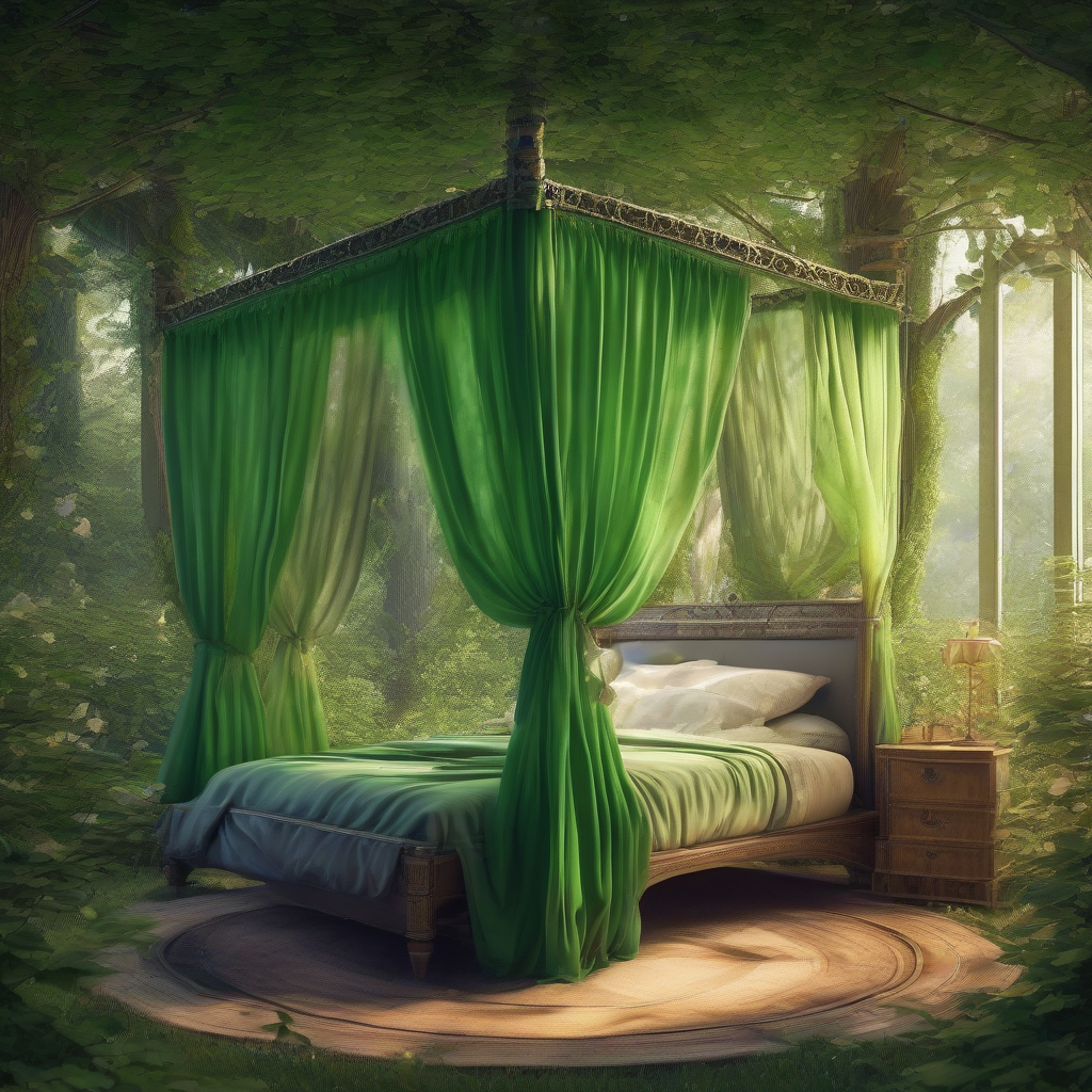 a heavenly bed with green silk curtains surrounded by trees by मुफ्त एआई छवि जनरेटर - बिना लॉगिन के✨ | AIGAZOU