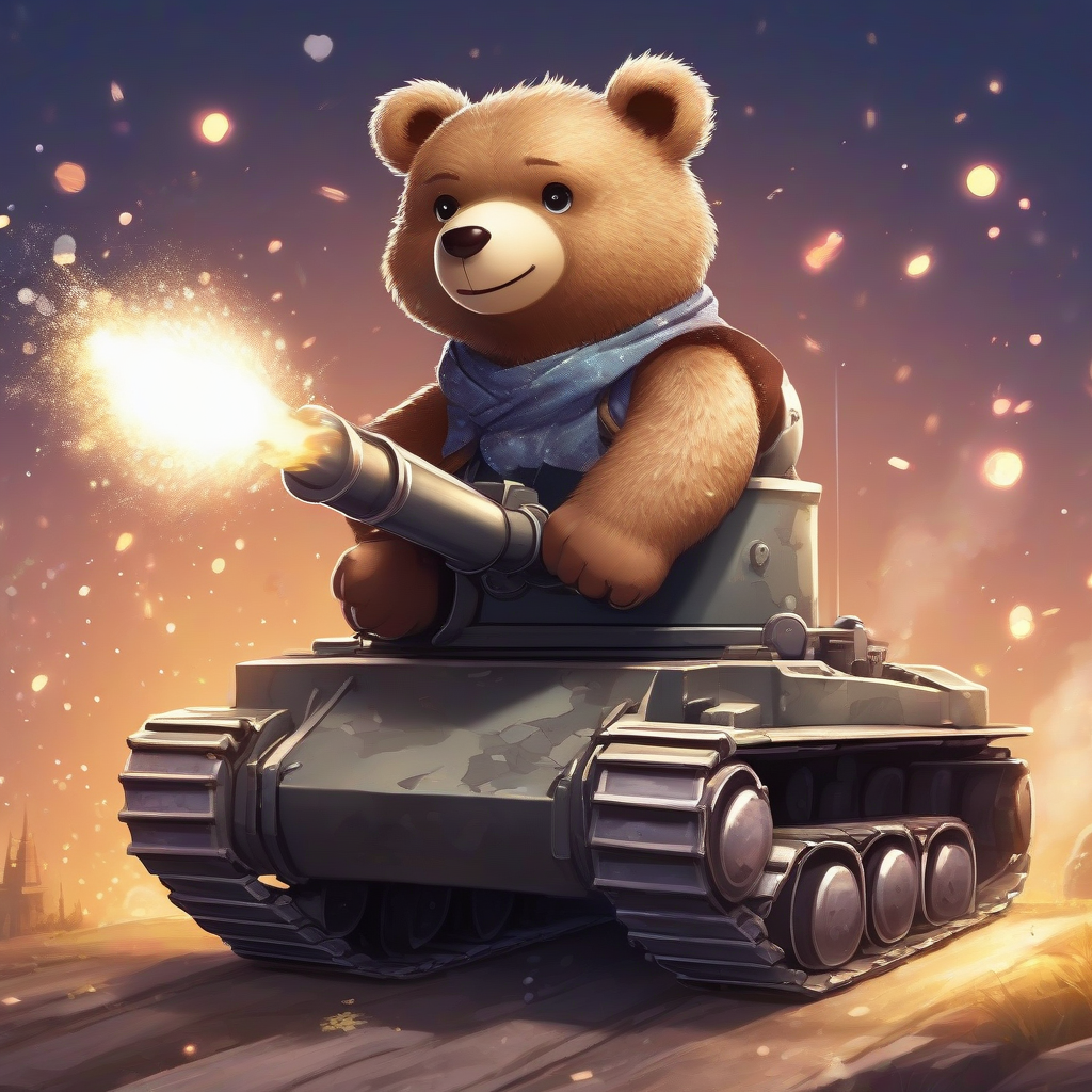 cute bear riding tank firing cannon sparkling background by मुफ्त एआई छवि जनरेटर - बिना लॉगिन के✨ | AIGAZOU