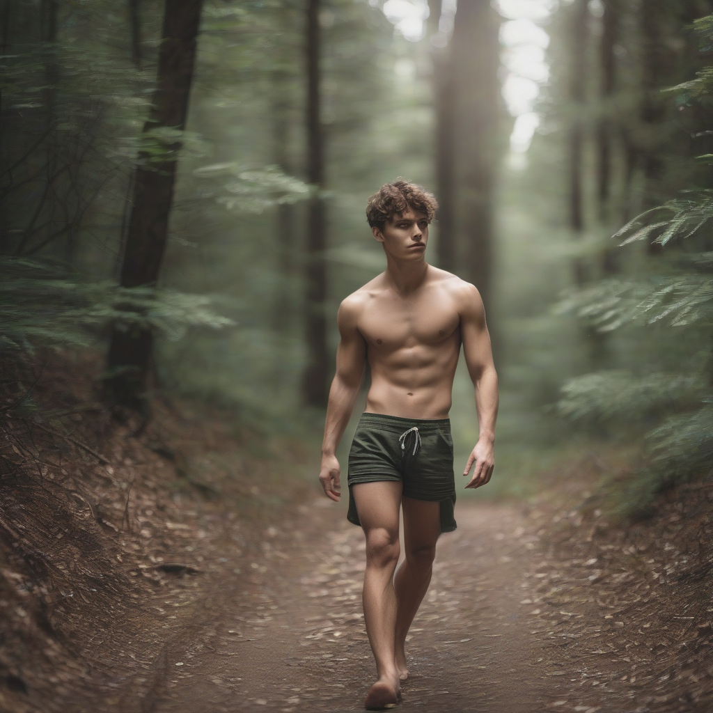 young man short pants shirtless forest path by मुफ्त एआई छवि जनरेटर - बिना लॉगिन के✨ | AIGAZOU