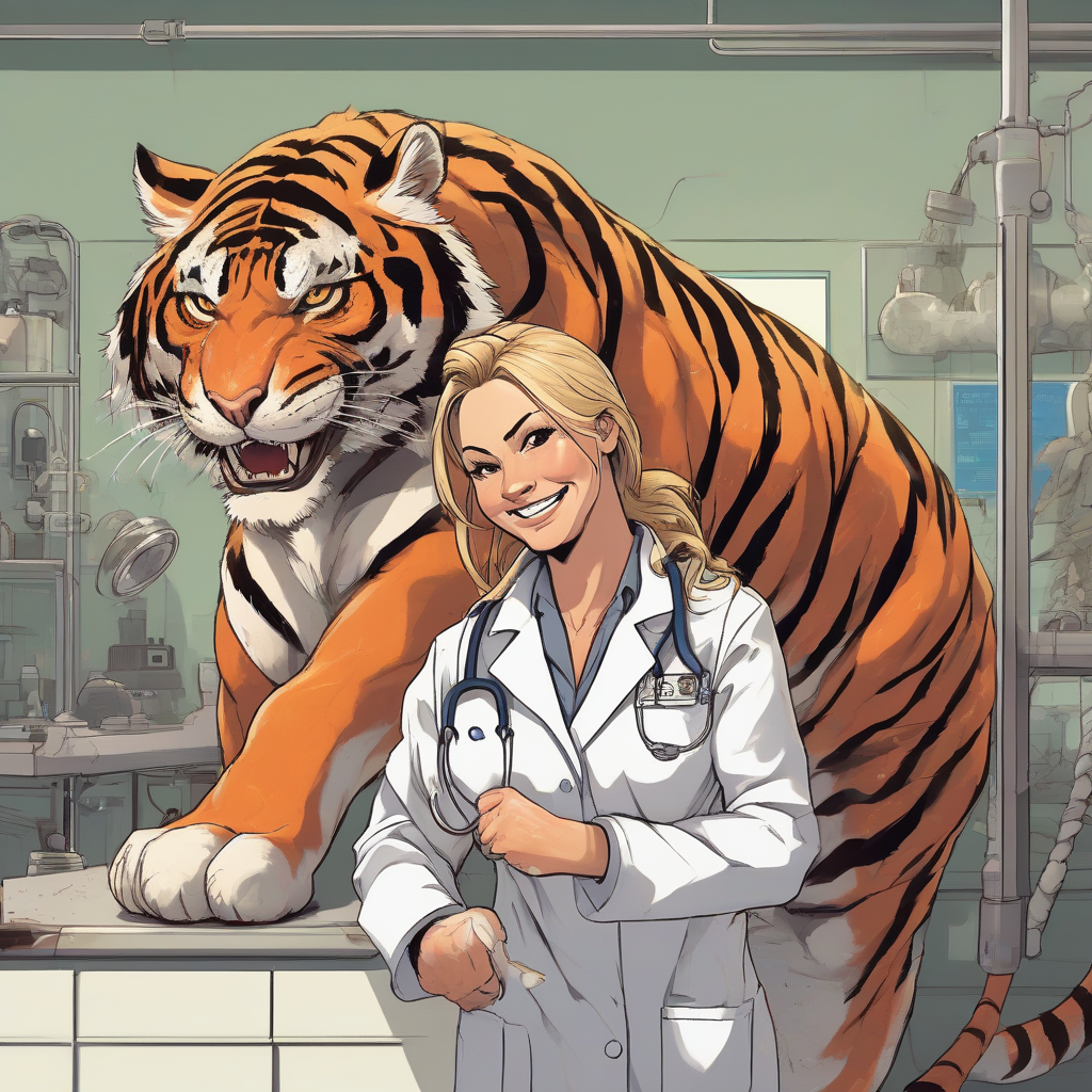 smiling muscular veterinarian in blouse subdues furious tiger by मुफ्त एआई छवि जनरेटर - बिना लॉगिन के✨ | AIGAZOU