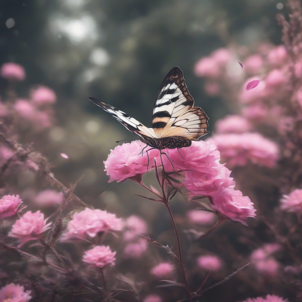 a butterfly in nature surrounded by pink flowers looking towards the future in 3025 by मुफ्त एआई छवि जनरेटर - बिना लॉगिन के✨ | AIGAZOU