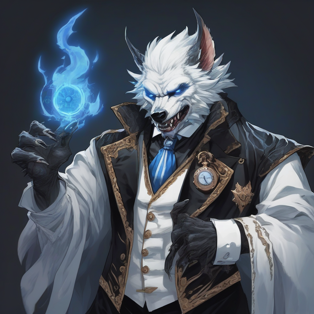 white wolf beastman with black devil wings and horns wearing a tailcoat holding a watch in the right hand and by मुफ्त एआई छवि जनरेटर - बिना लॉगिन के✨ | AIGAZOU