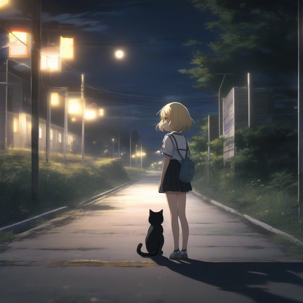 beautiful schoolgirl cat shy flushed cheeks crouching looking back short hair blonde black eyes slim heartwarming scene outside road night by Free AI Image Generator & Maker - No login required✨ | AIGAZOU