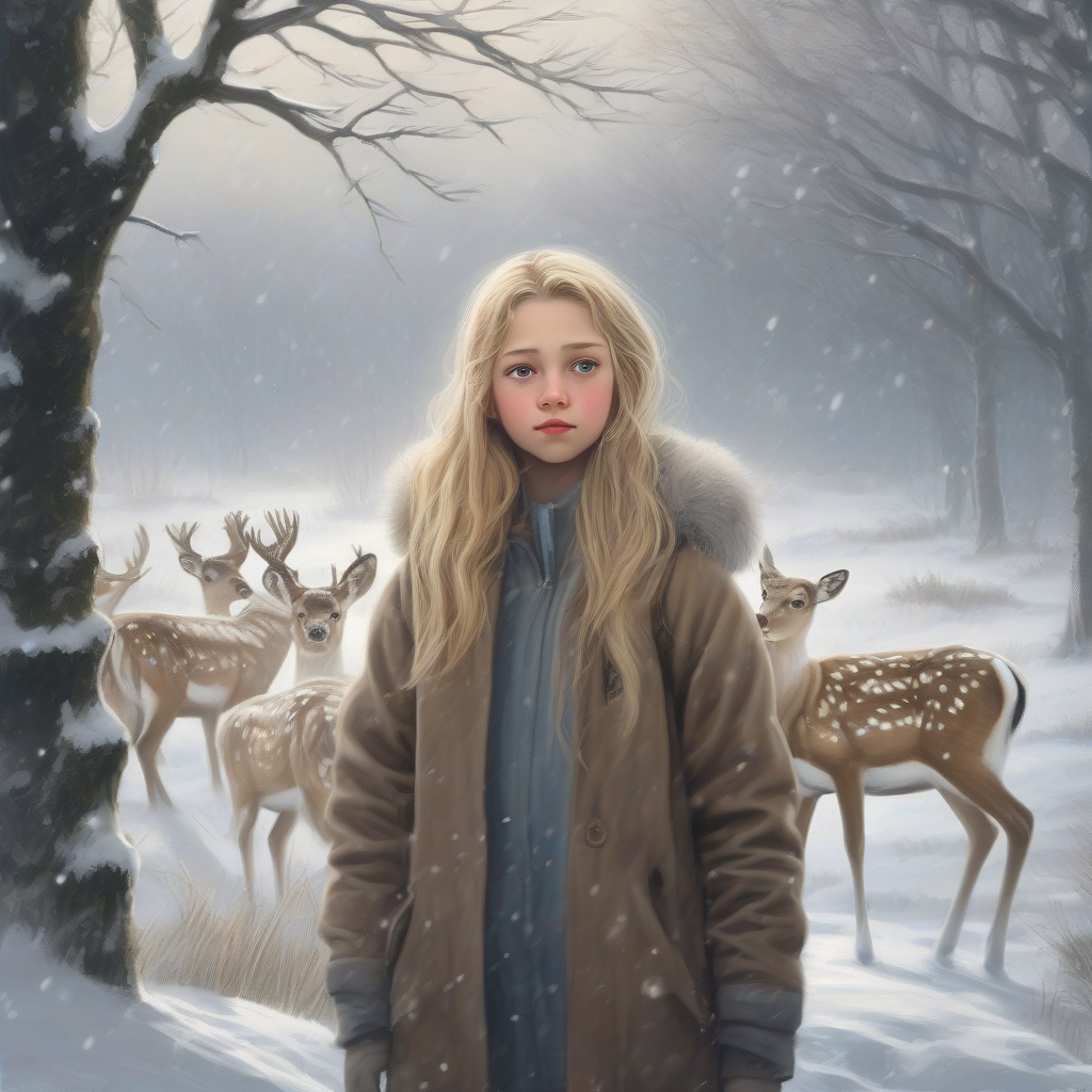 snowy landscape snowing fallow deers blonde girl by मुफ्त एआई छवि जनरेटर - बिना लॉगिन के✨ | AIGAZOU