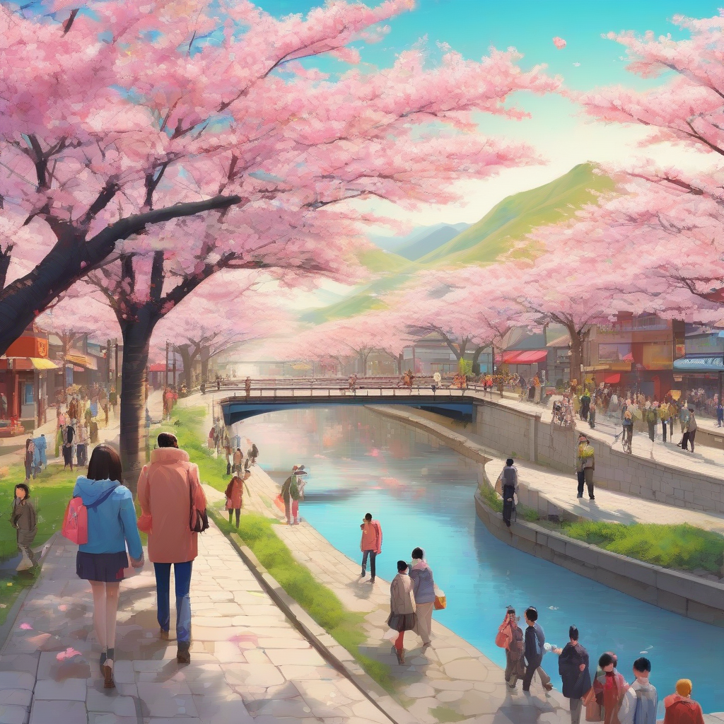 colorful clean streets cherry blossom trees grass rivers diverse people by मुफ्त एआई छवि जनरेटर - बिना लॉगिन के✨ | AIGAZOU