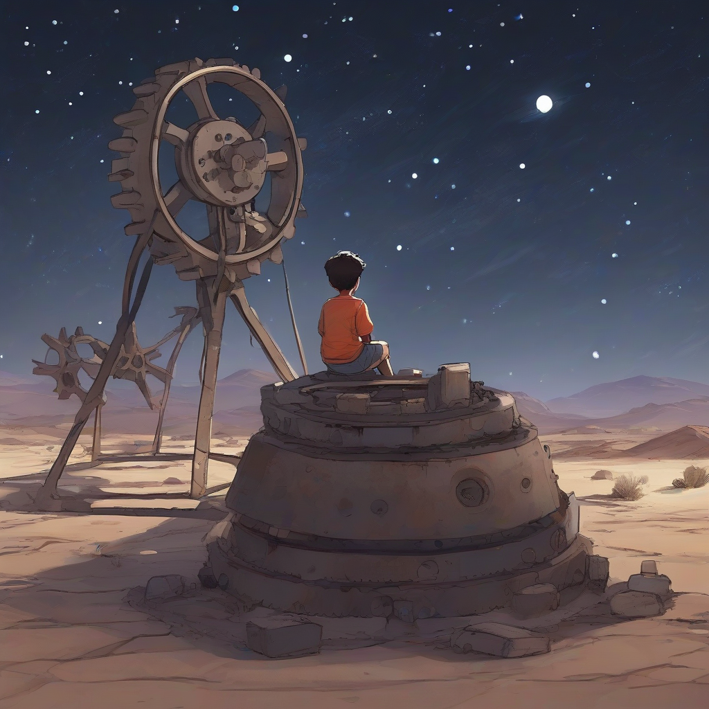 a boy sitting on a large gear in the desert at night looking at the stars by मुफ्त एआई छवि जनरेटर - बिना लॉगिन के✨ | AIGAZOU