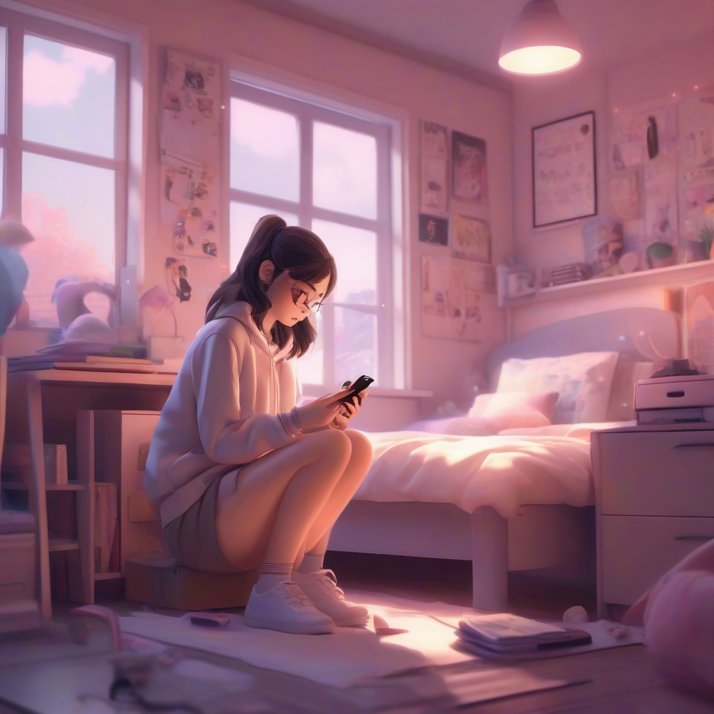 girl high school student looking at smartphone in room by मुफ्त एआई छवि जनरेटर - बिना लॉगिन के✨ | AIGAZOU