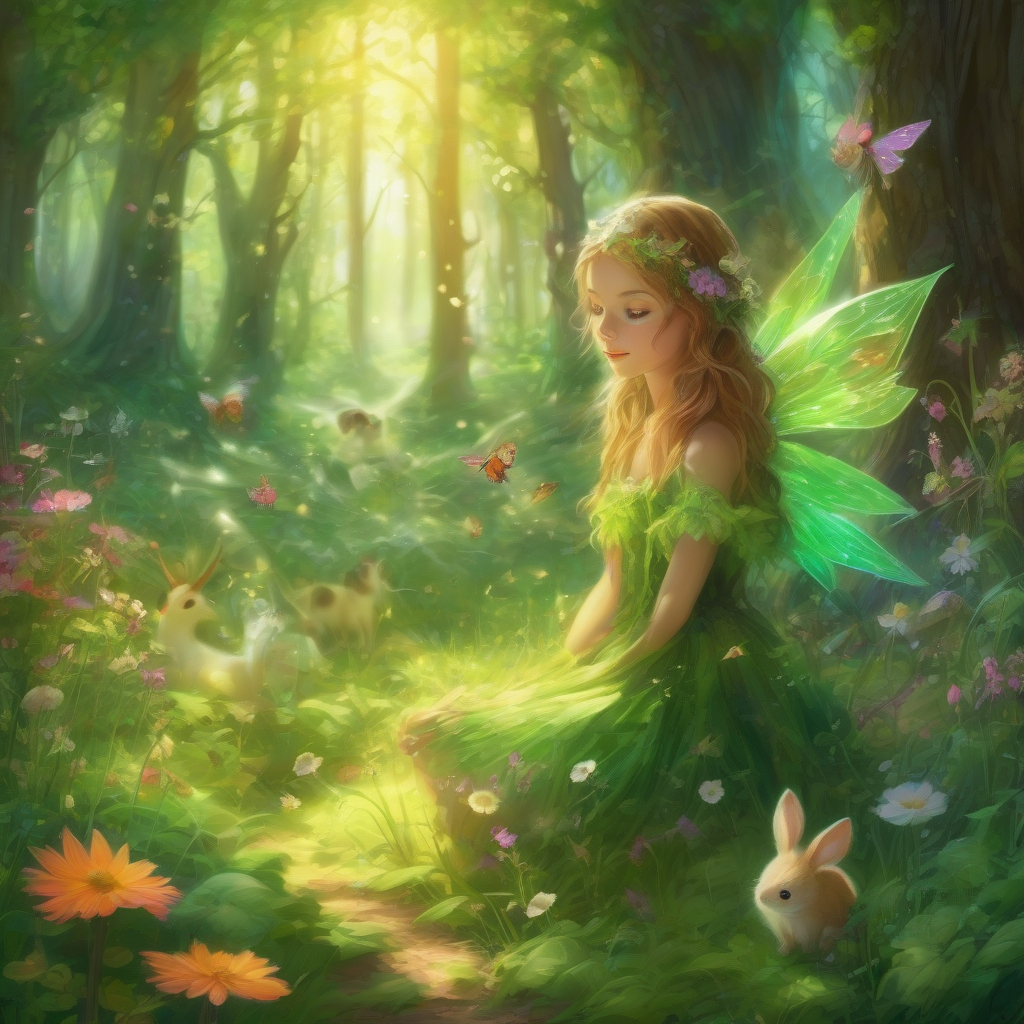 beautiful forest dappled sunlight vibrant green flowers fairy tale dancing girl small animals by मुफ्त एआई छवि जनरेटर - बिना लॉगिन के✨ | AIGAZOU