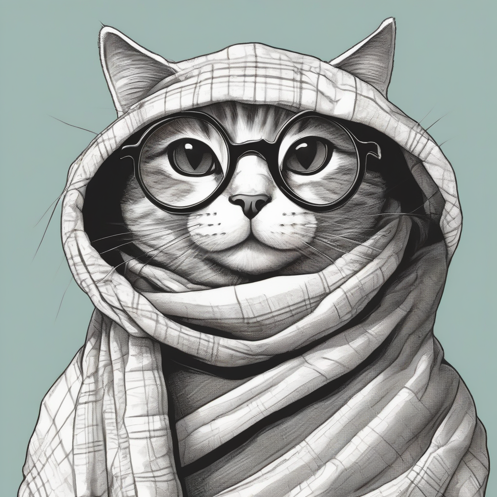 a cat with thin round glasses wrapped in a blanket in a comic by मुफ्त एआई छवि जनरेटर - बिना लॉगिन के✨ | AIGAZOU