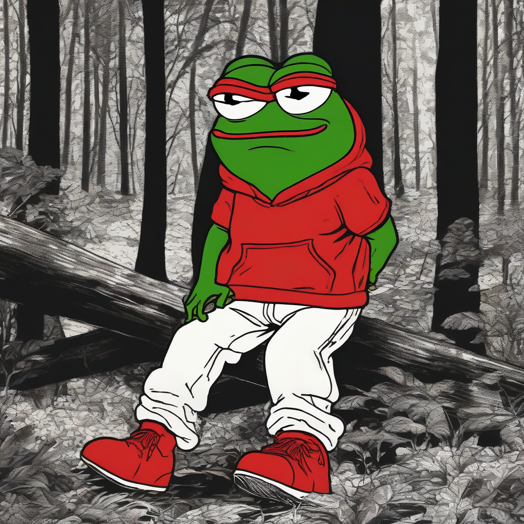 a pepe frog in the woods wearing a black xxl pants and a red white sweatshirt by मुफ्त एआई छवि जनरेटर - बिना लॉगिन के✨ | AIGAZOU