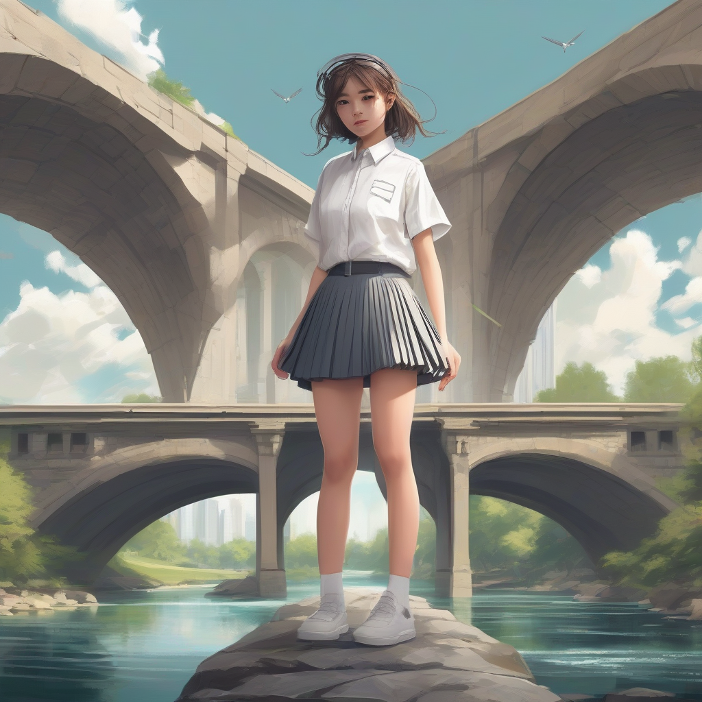 stone arch bridge river scene pleated skirt white shirt winged girl tech art two point perspective by मुफ्त एआई छवि जनरेटर - बिना लॉगिन के✨ | AIGAZOU