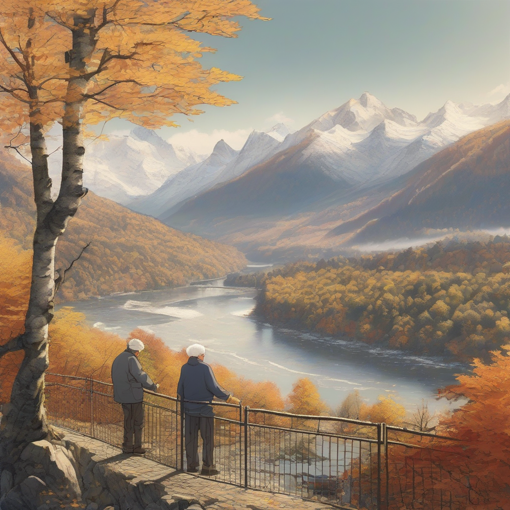 snow covered north alps nearby mountains river flowing through mountains covered in broadleaf forests beautiful autumn leaves two elderly men by Free AI Image Generator & Maker - No login required✨ | AIGAZOU