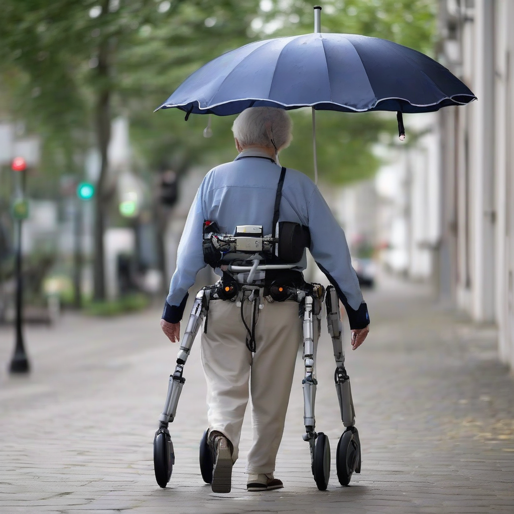 elderly pushing robot walker without umbrella attached to robot for easy walking with walking support robot attached from waist down by मुफ्त एआई छवि जनरेटर - बिना लॉगिन के✨ | AIGAZOU