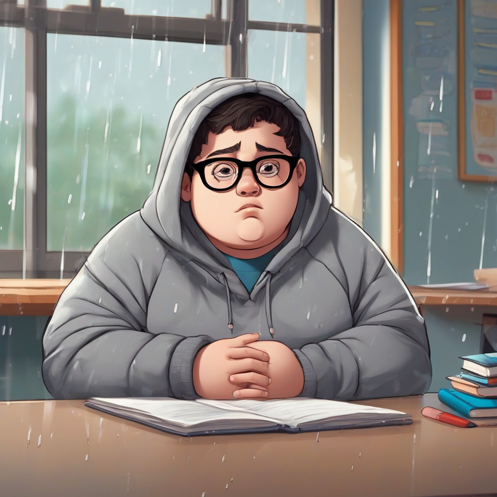 a chubby middle school boy in a gray hoodie with glasses sits in class with a cool expression as it by मुफ्त एआई छवि जनरेटर - बिना लॉगिन के✨ | AIGAZOU