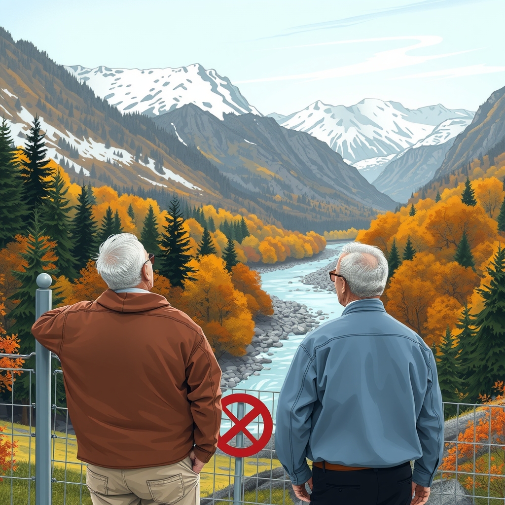 snow covered north alps nearby mountains river flowing through mountains covered with broad leaved forests beautiful autumn leaves two elderly by मुफ्त एआई छवि जनरेटर - बिना लॉगिन के✨ | AIGAZOU