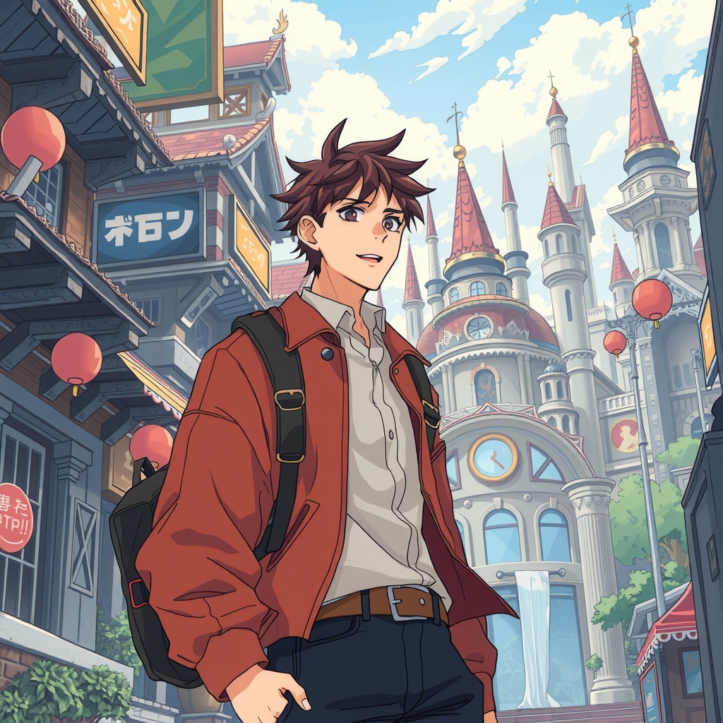 a handsome anime man stands in an otherworldly city by मुफ्त एआई छवि जनरेटर - बिना लॉगिन के✨ | AIGAZOU