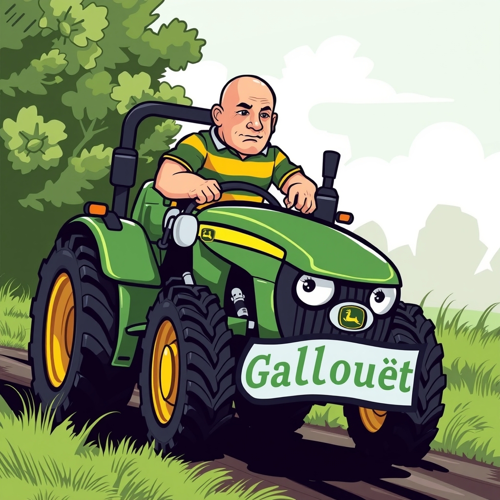 un logo d un rugbyman chauve qui est sur un tracteur john deer avec ecrit gallouet by मुफ्त एआई छवि जनरेटर - बिना लॉगिन के✨ | AIGAZOU