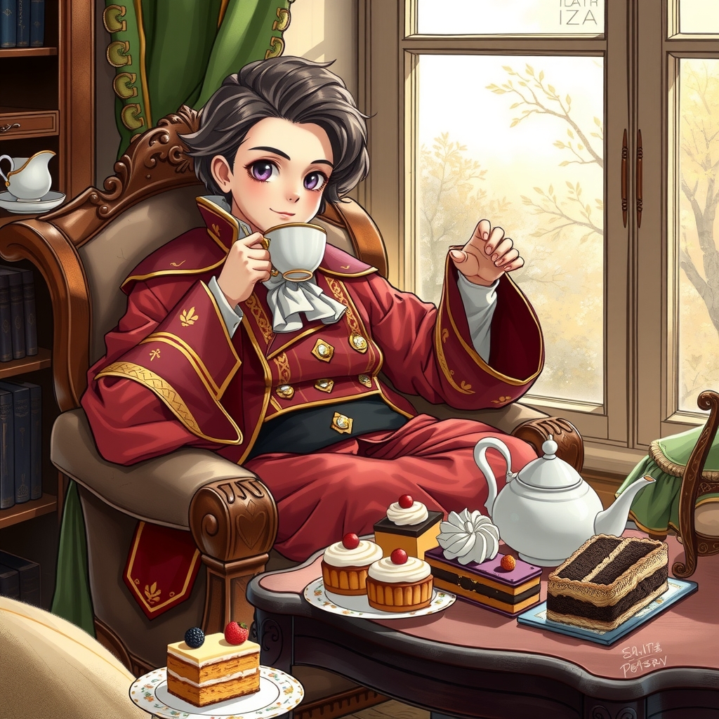 european noble boy in manga style sitting by window with tea and cakes by मुफ्त एआई छवि जनरेटर - बिना लॉगिन के✨ | AIGAZOU