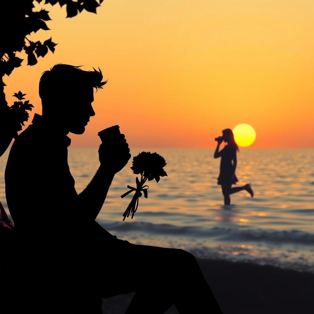 shadow man sitting drinking coffee sunset sea by मुफ्त एआई छवि जनरेटर - बिना लॉगिन के✨ | AIGAZOU