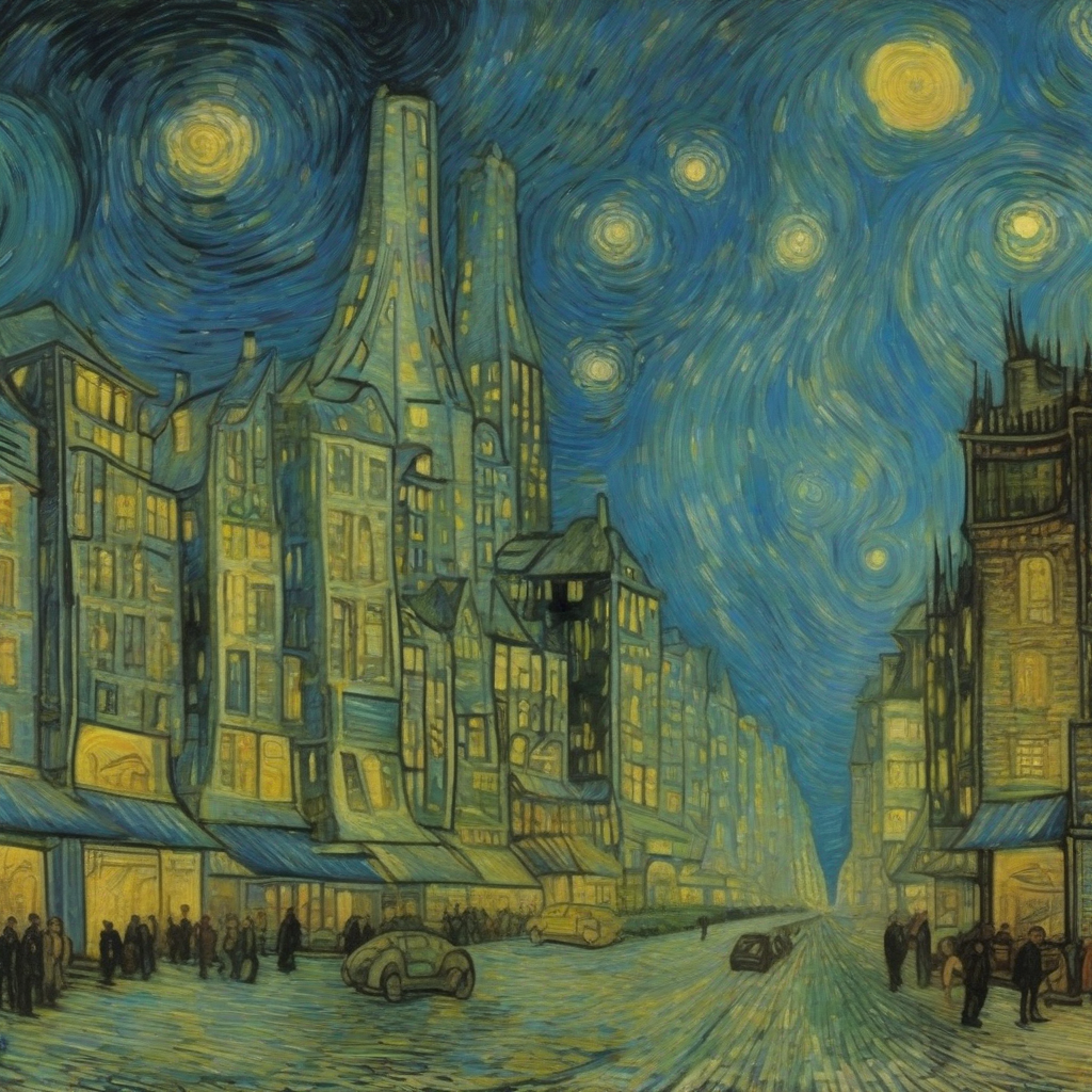 a futuristic city painted by van gogh by मुफ्त एआई छवि जनरेटर - बिना लॉगिन के✨ | AIGAZOU