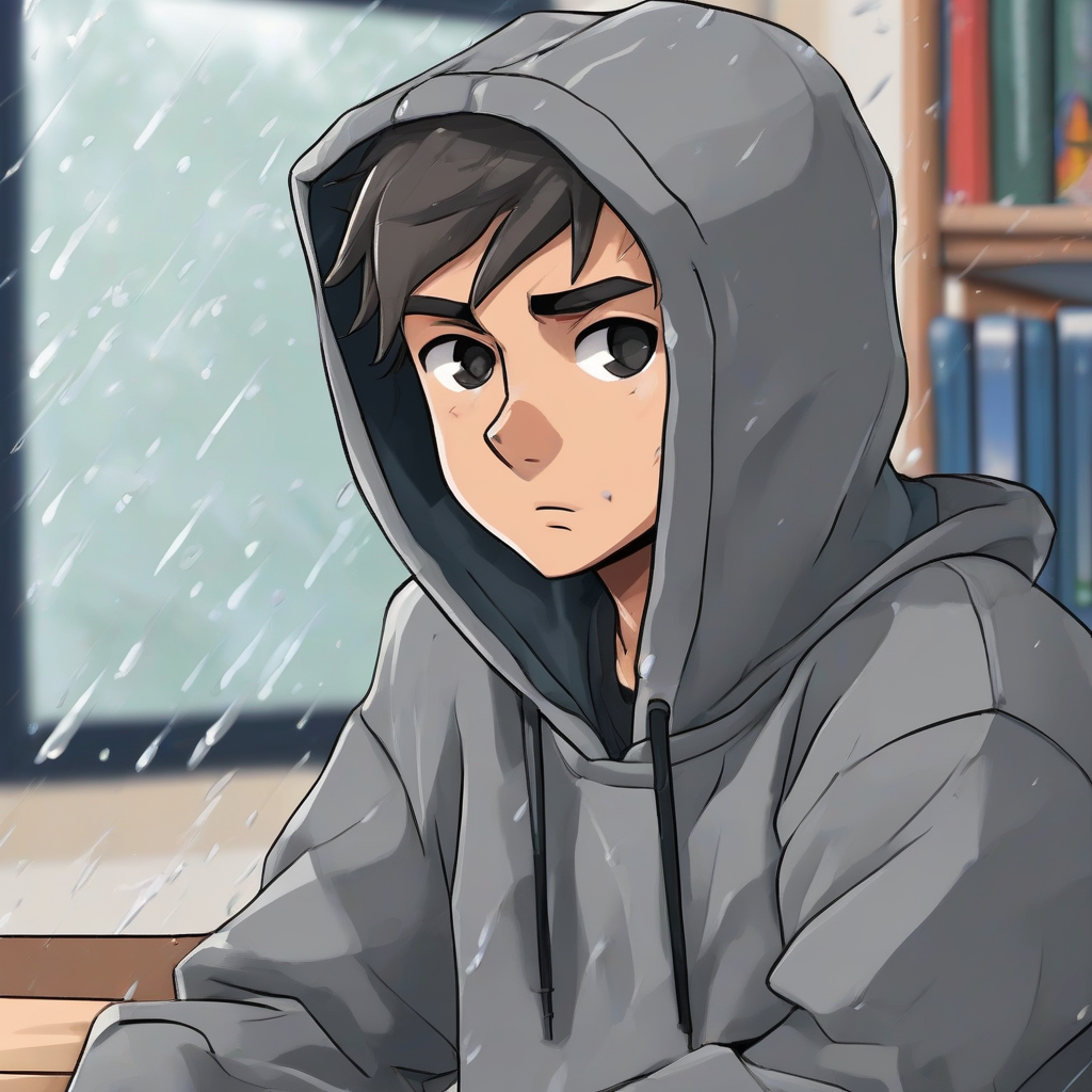 gray hoodie wearing middle school boy sitting in classroom with rain outside by मुफ्त एआई छवि जनरेटर - बिना लॉगिन के✨ | AIGAZOU