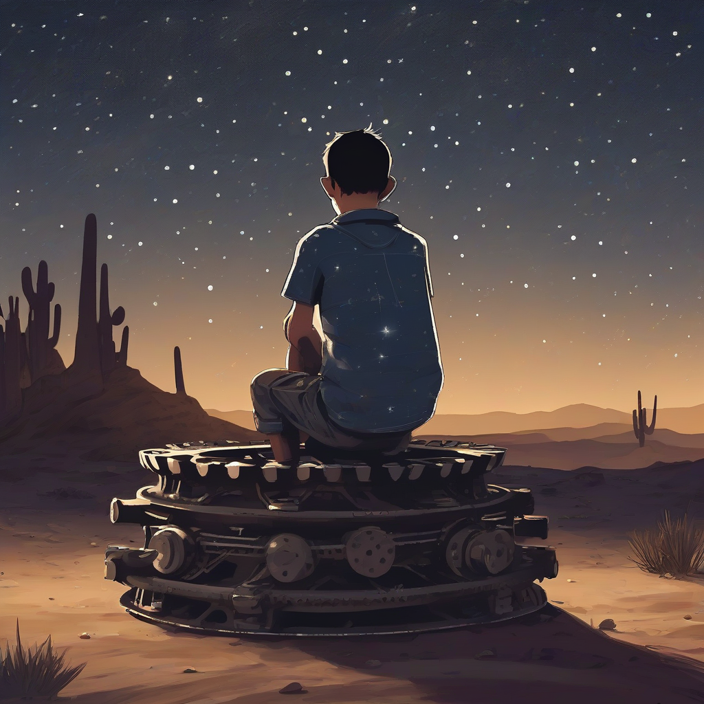 boy sitting on large gear looking at stars in desert at night by Générateur d'images par IA gratuit - Aucune connexion nécessaire✨ | AIGAZOU