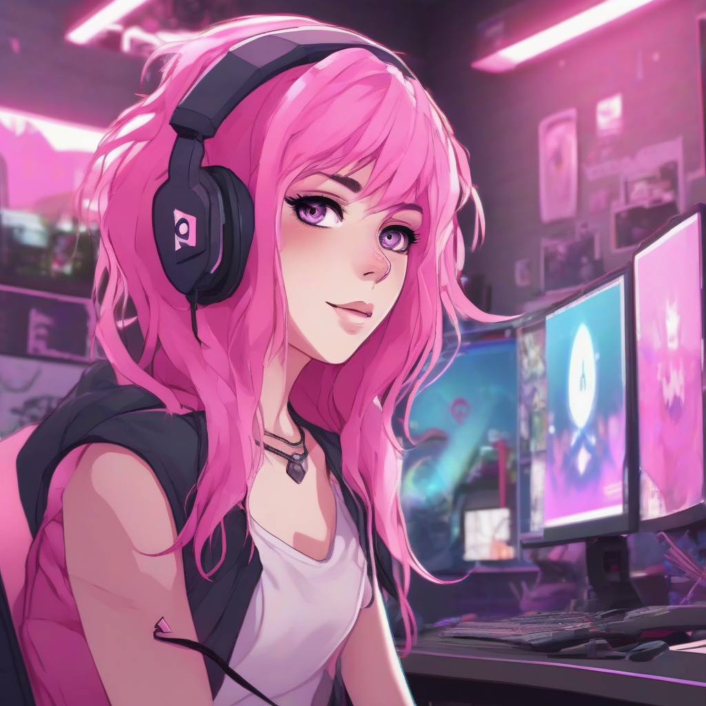 create anime image transgirl transflag pink hair gamer streaming setup by मुफ्त एआई छवि जनरेटर - बिना लॉगिन के✨ | AIGAZOU