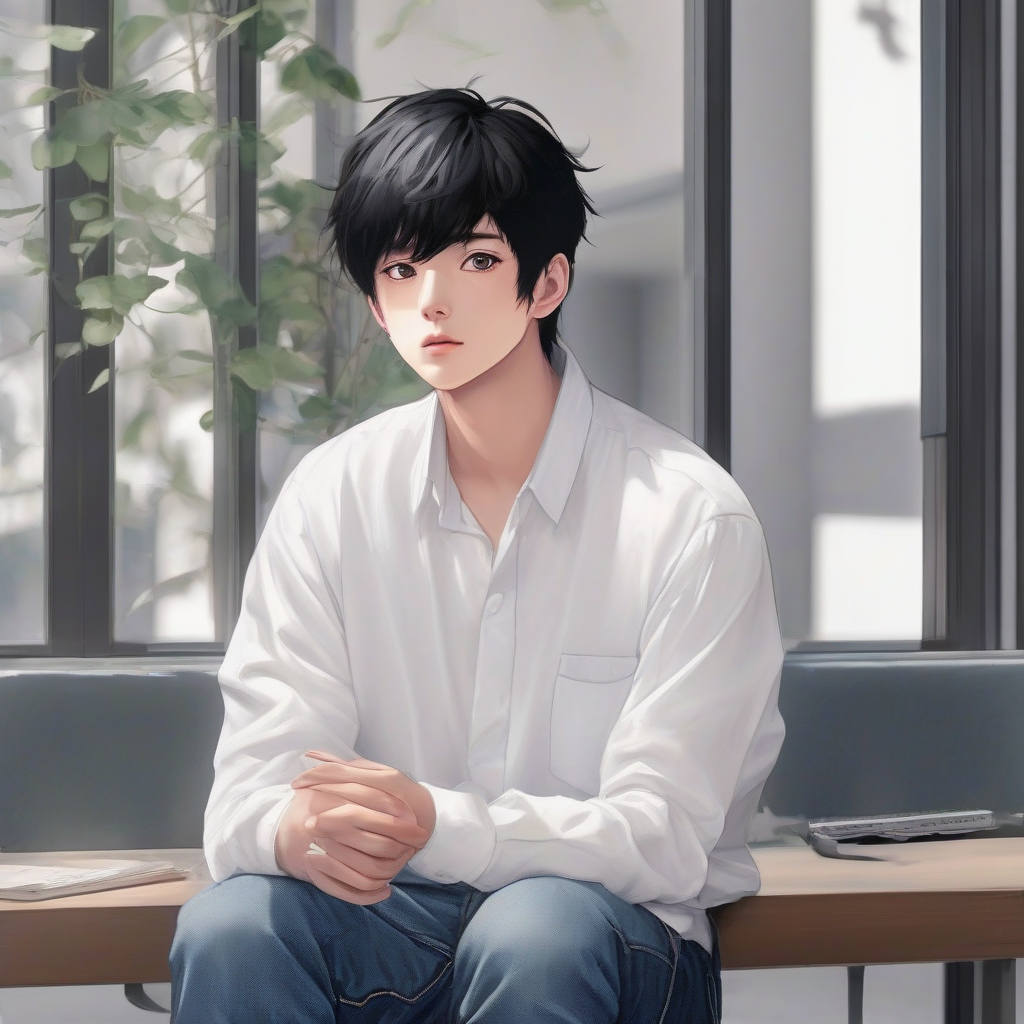 180cm tall wearing jeans and oversized white shirt round face big eyes cute appearance like a puppy black hair by Générateur d'images par IA gratuit - Aucune connexion nécessaire✨ | AIGAZOU