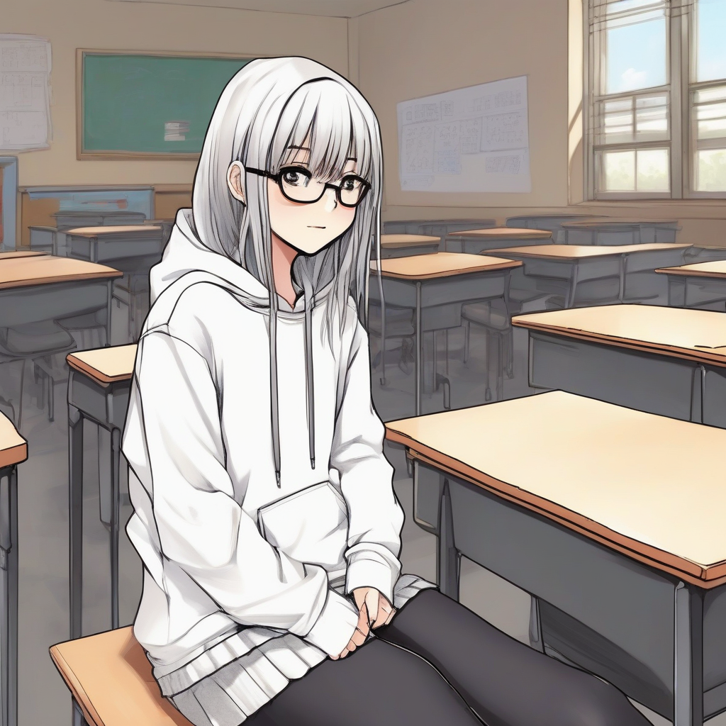 a middle school girl with long hair and bangs wearing a white hoodie sitting in a classroom chatting by Générateur d'images par IA gratuit - Aucune connexion nécessaire✨ | AIGAZOU