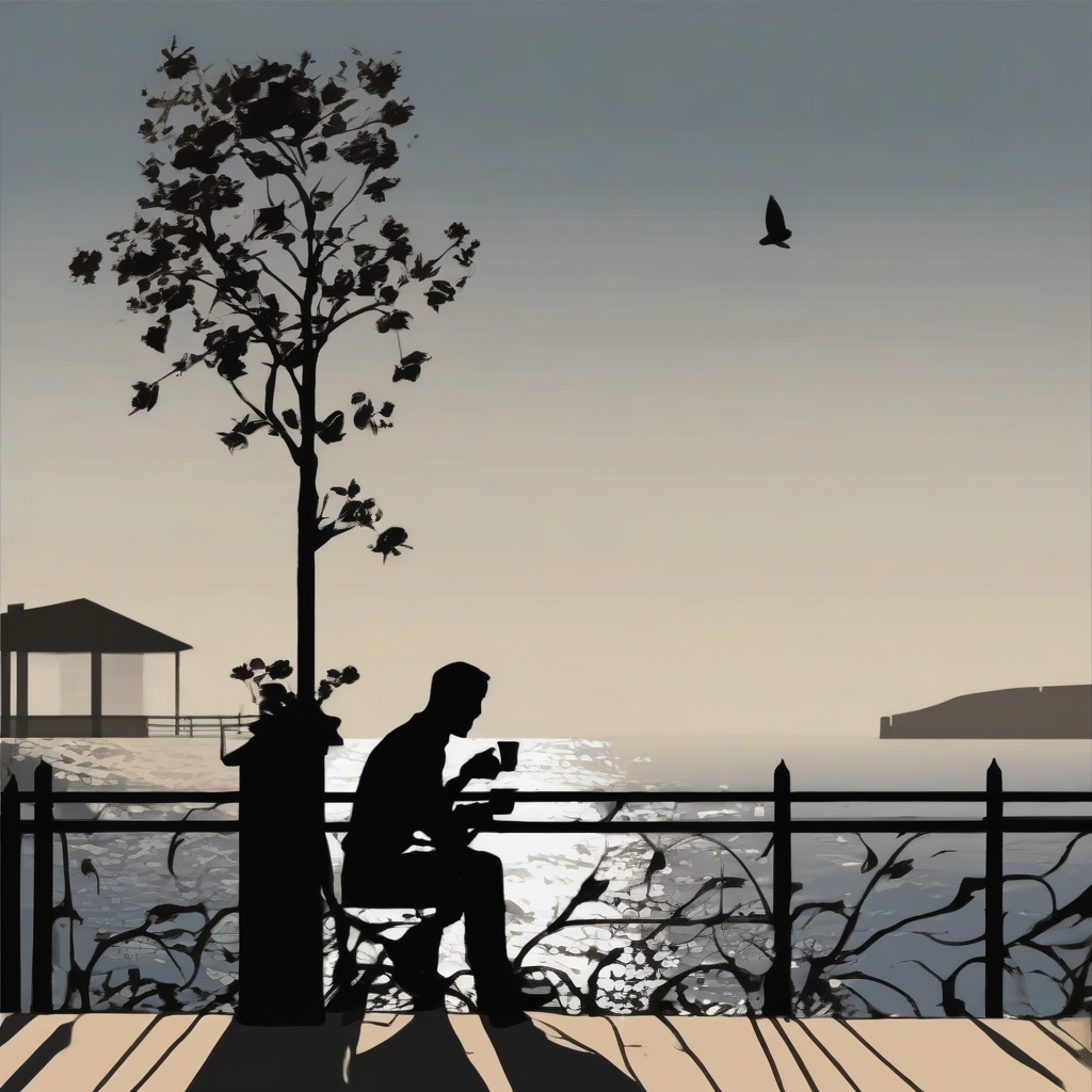 shadow man sitting drinking coffee sunset sea by मुफ्त एआई छवि जनरेटर - बिना लॉगिन के✨ | AIGAZOU