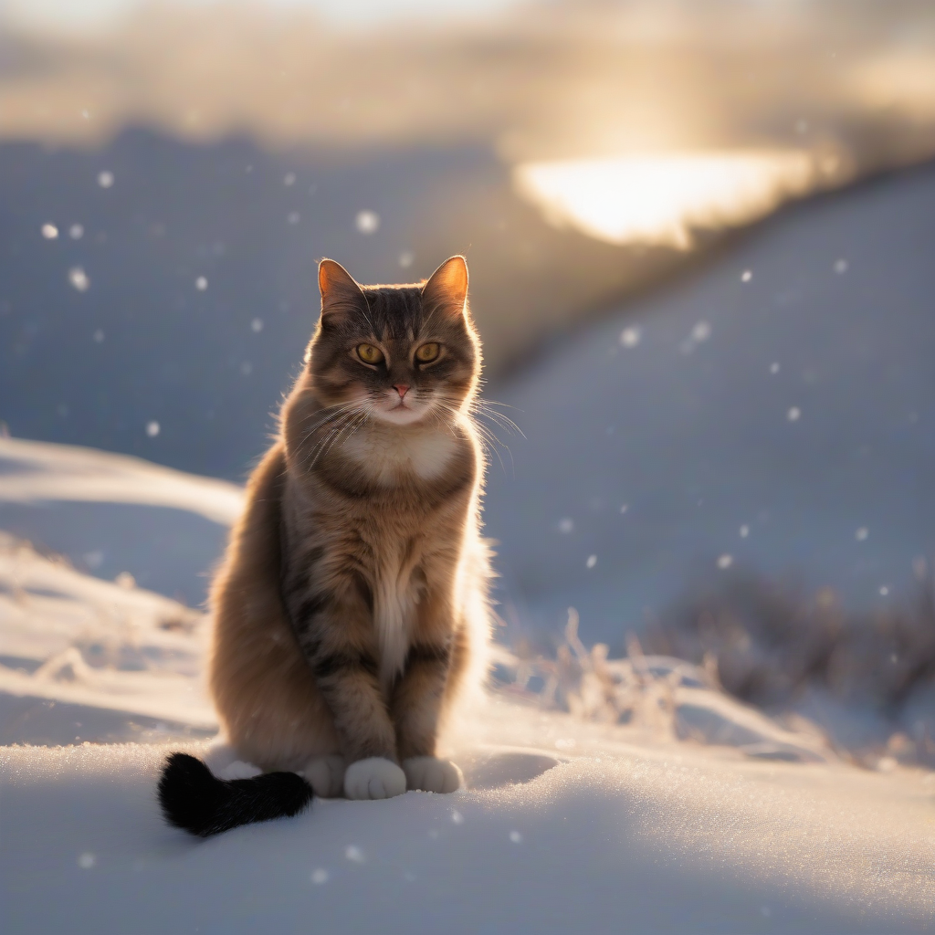 cat sits in snow at sunrise by मुफ्त एआई छवि जनरेटर - बिना लॉगिन के✨ | AIGAZOU