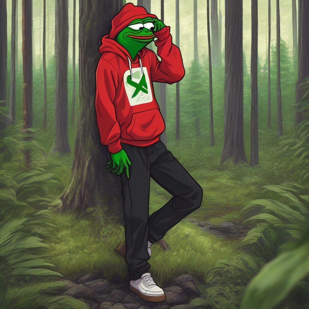 a pepe frog posing in the woods with a cigarette and a black xxxl pants and a red sweatshirt by मुफ्त एआई छवि जनरेटर - बिना लॉगिन के✨ | AIGAZOU