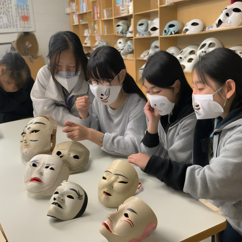 students evaluating each other s hahoe masks by मुफ्त एआई छवि जनरेटर - बिना लॉगिन के✨ | AIGAZOU