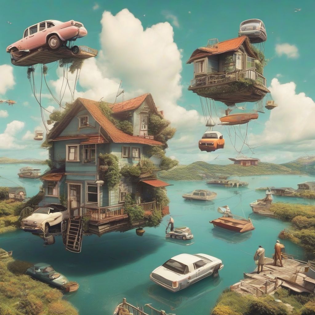 floating houses and cars in the sky people work above by Générateur d'images par IA gratuit - Aucune connexion nécessaire✨ | AIGAZOU