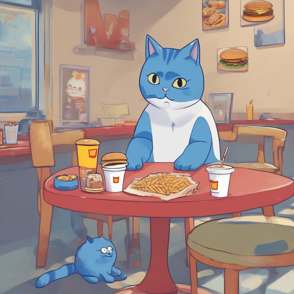 a blue fat cat playing games with mcdonalds nearby by मुफ्त एआई छवि जनरेटर - बिना लॉगिन के✨ | AIGAZOU