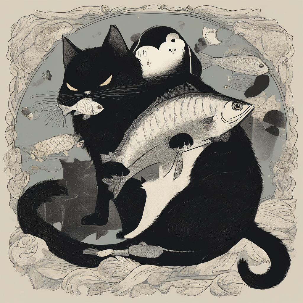 a black cat with a fish in its right hand by मुफ्त एआई छवि जनरेटर - बिना लॉगिन के✨ | AIGAZOU