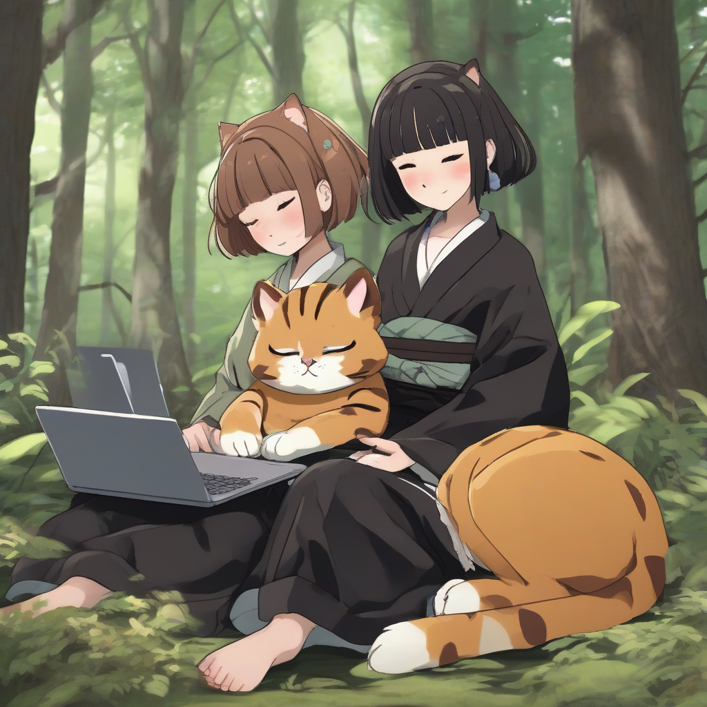 girls in hakama with laptop and cat in forest by मुफ्त एआई छवि जनरेटर - बिना लॉगिन के✨ | AIGAZOU