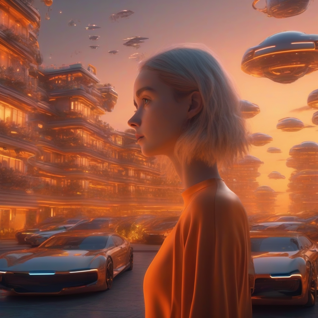 future city girl talking to robot flying cars orange sunset luxurious villas ultra fine 8k golden ratio composition by मुफ्त एआई छवि जनरेटर - बिना लॉगिन के✨ | AIGAZOU