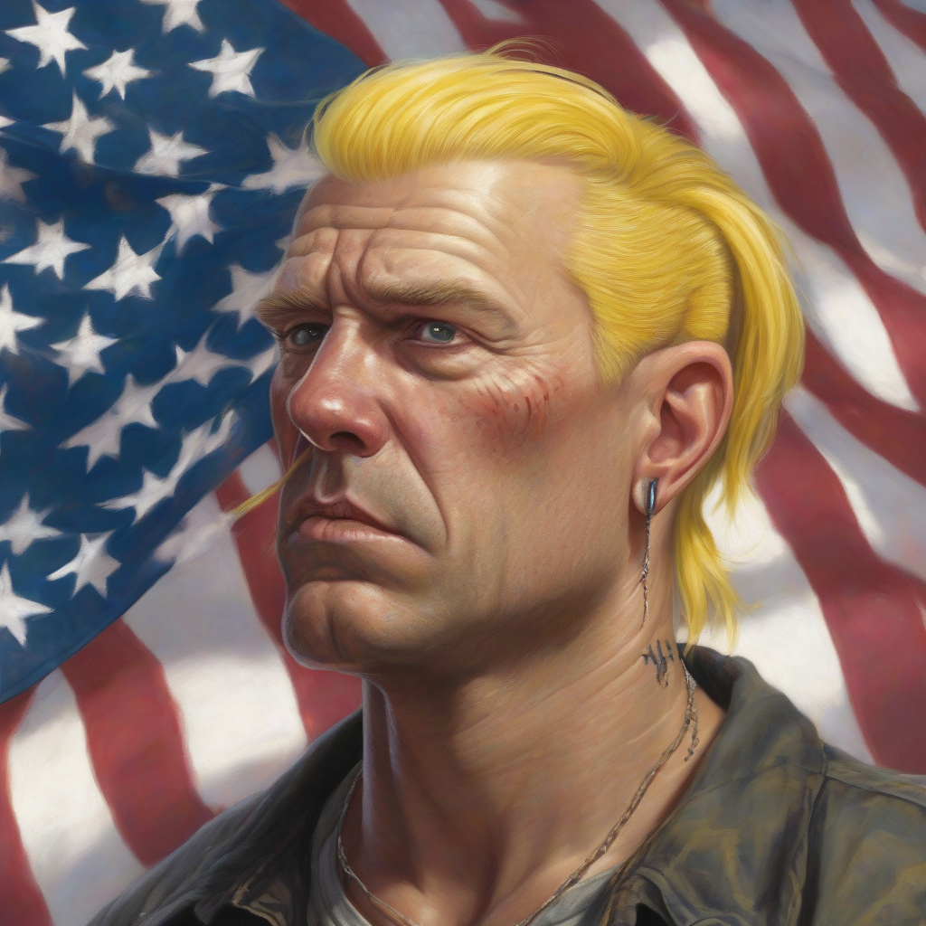 middle aged man with blond hair holding american flag with piercings and wrinkles by Générateur d'images par IA gratuit - Aucune connexion nécessaire✨ | AIGAZOU