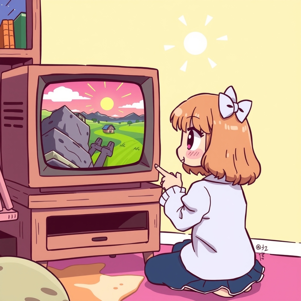 a cute girl points at the tv and announces an image by Générateur d'images par IA gratuit - Aucune connexion nécessaire✨ | AIGAZOU